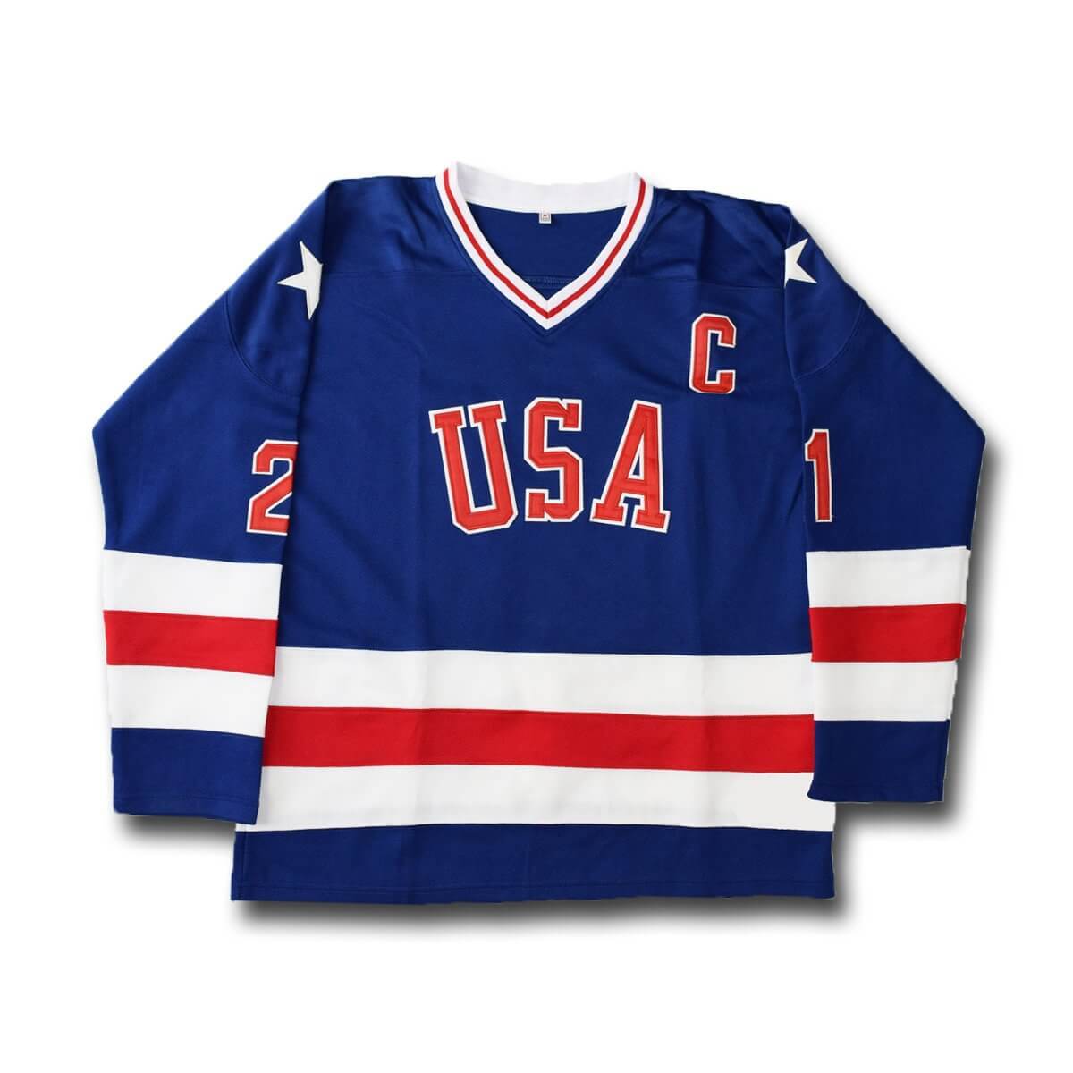 1980 Miracle On Ice #21 Mike Eruzione USA Hockey Jersey White Blue